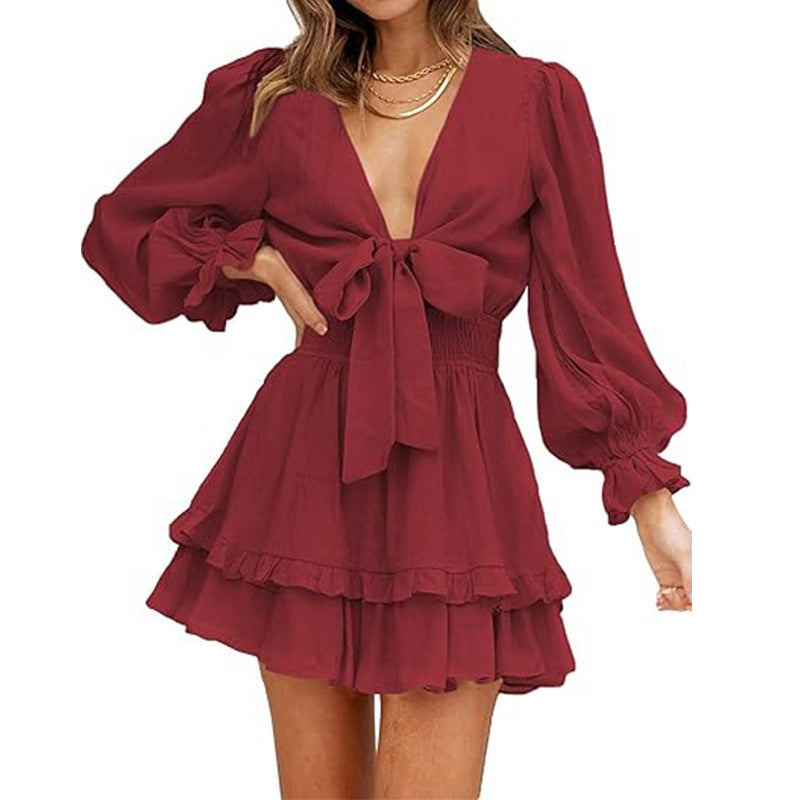 V-neck Ruffled Slimming Long Sleeves Short A- Line Dress