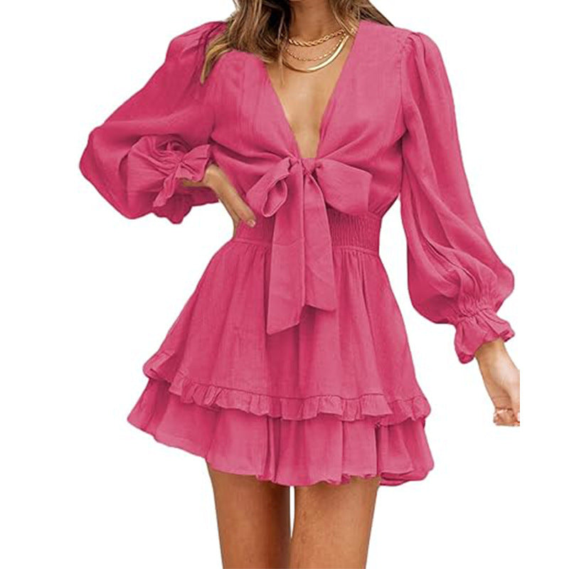 V-neck Ruffled Slimming Long Sleeves Short A- Line Dress