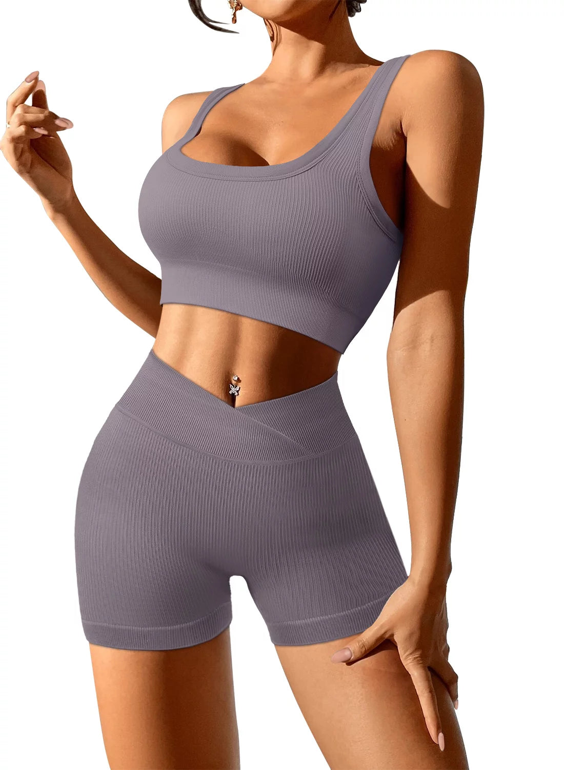 KISSMODA Women 2 Piece Outfits Workout Set Seamless Sport Butt Lifting Shorts Gym Yoga Booty Short Crop Tank Top Tracksuit