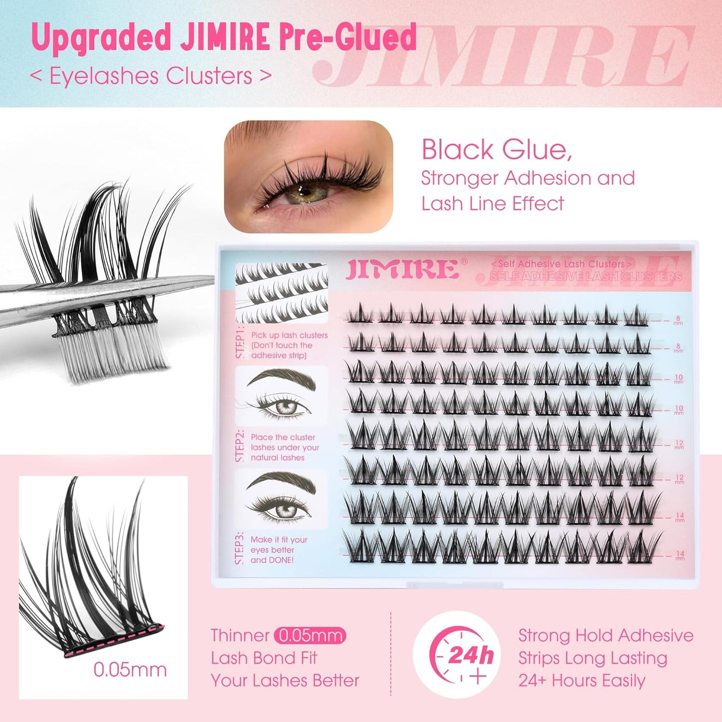 Manga Self Adhesive Eyelashes Natural Look 8-14MM Wispy Pre Glued Eyelashes Clusters Anime Press on Lashes Clusters Reusable Self Adhesive Lash Clusters with Spiky