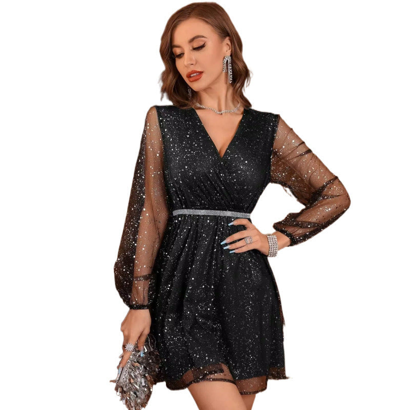 Sequined Long Sleeve Mesh V-neck Dress