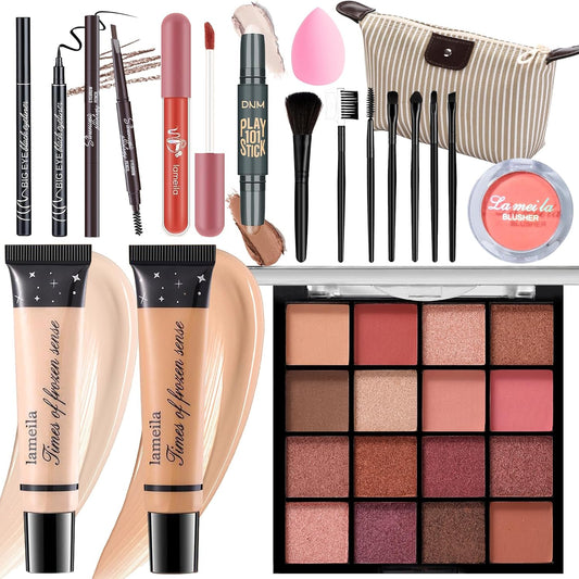 Makeup Set for Girls Teens Women, Full Face Makeup Kit, Travel Makeup Kit, Makeup Present Set, Eyeshadow Foundation, Blusher Counter Stick, Pencil Eyeliner Lip Gloss, Makeup Brushes Sponge Bag