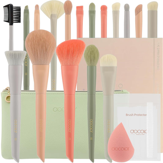 Makeup Brushes 17 Pcs with Makeup Bag and Makeup Sponge and Brush Protector Morandi Makeup Brush Set Premium Synthetic Hair Makeup Brush Wooden Handle Eyeshadow Brush Set