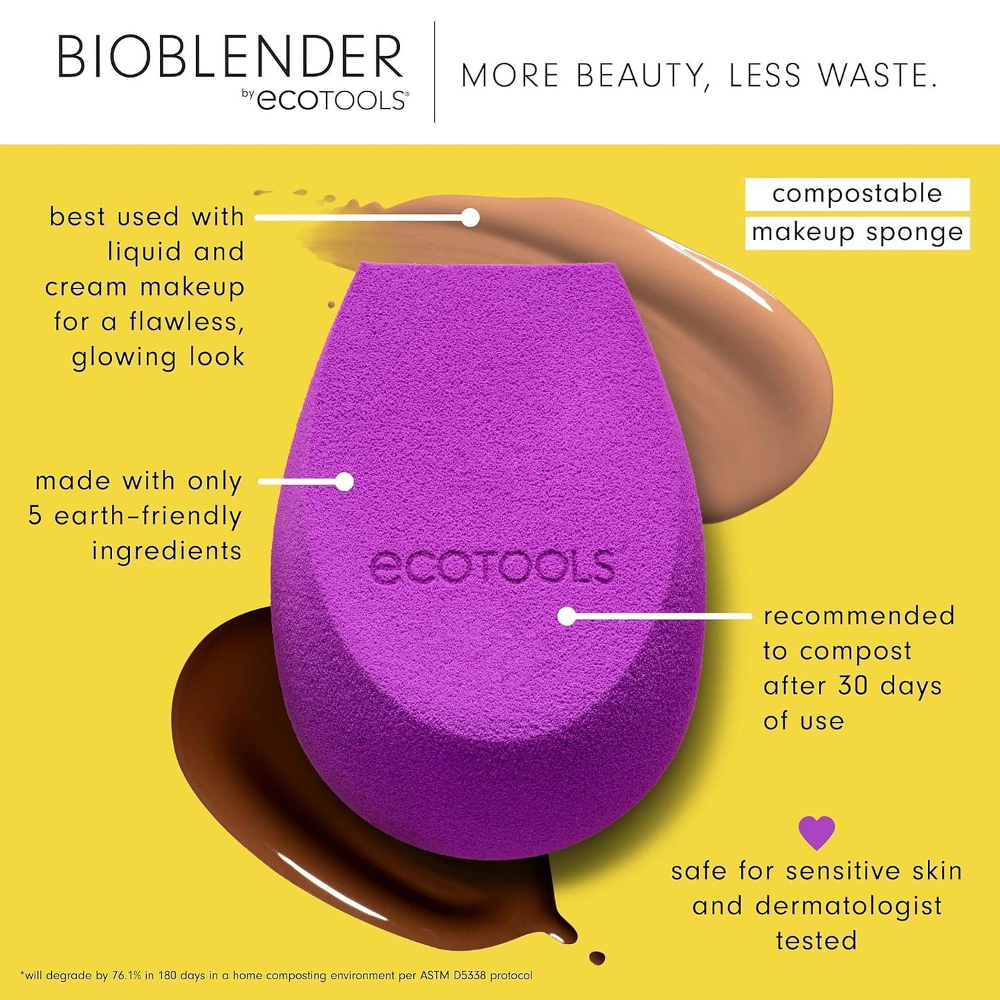 Bioblender Makeup Sponge, Compostable Makeup Blender, for Liquid & Cream Foundation, Sustainable, Seamless Application, Eco-Friendly Beauty Sponge, Cruelty-Free & Latex Free, 1 Count