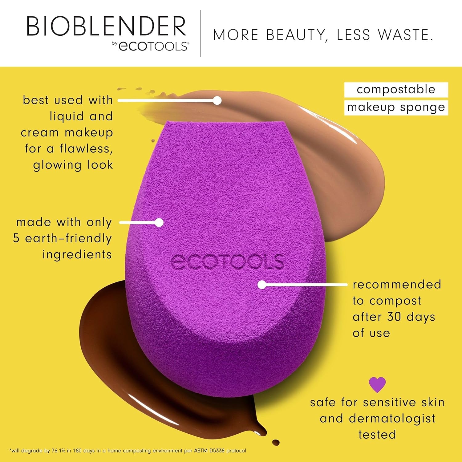 Bioblender Makeup Sponge, Compostable Makeup Blender, for Liquid & Cream Foundation, Sustainable, Seamless Application, Eco-Friendly Beauty Sponge, Cruelty-Free & Latex Free, 1 Count