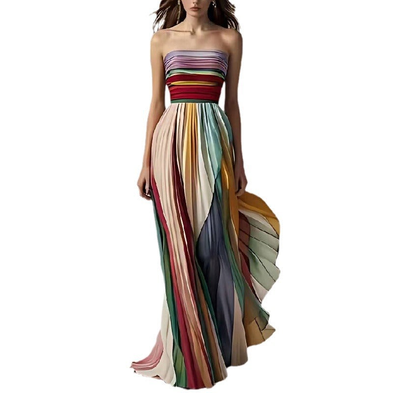 Women's Sexy Tube Top Backless Printed Color Swing Maxi Dress