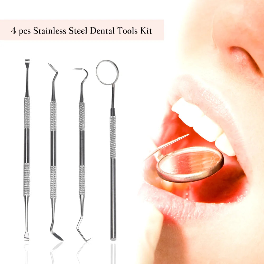 4pcs/set Teeth Whitening Healthy Professional Stainless Steel Dental Tool Pick Scaler Mirror Set Teeth Clean Make Up Tools