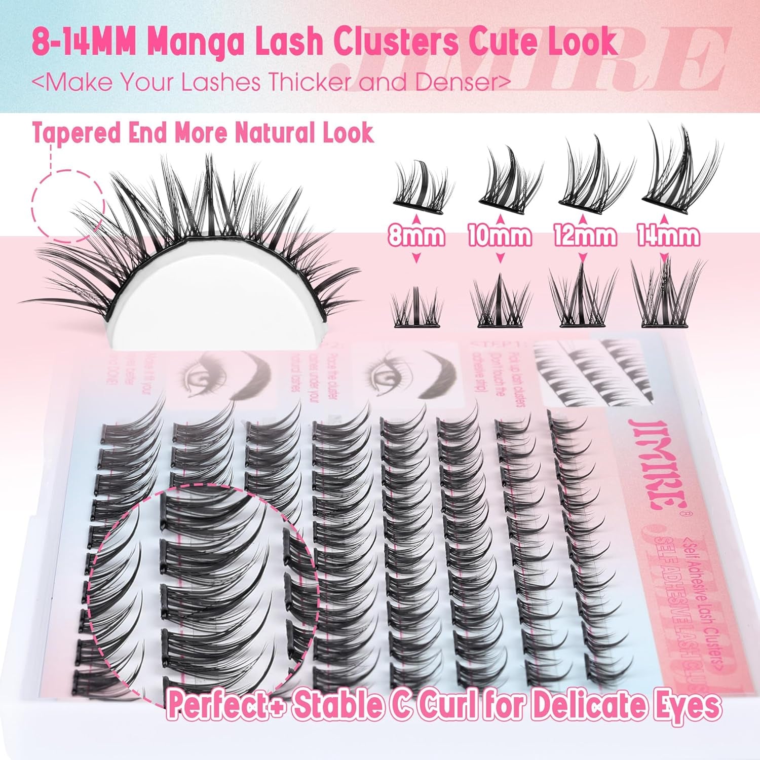 Manga Self Adhesive Eyelashes Natural Look 8-14MM Wispy Pre Glued Eyelashes Clusters Anime Press on Lashes Clusters Reusable Self Adhesive Lash Clusters with Spiky