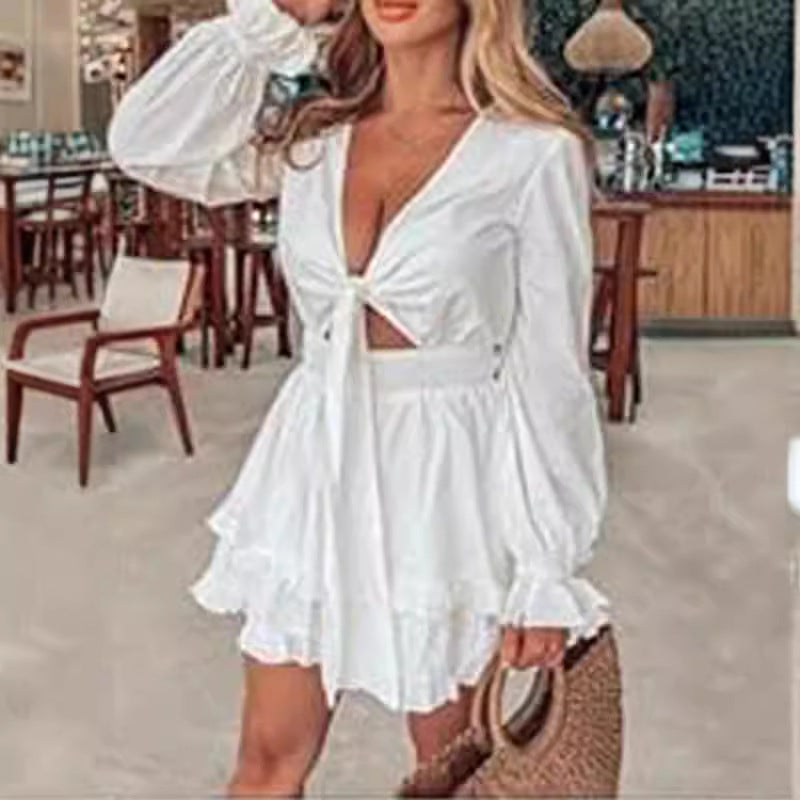 V-neck Ruffled Slimming Long Sleeves Short A- Line Dress