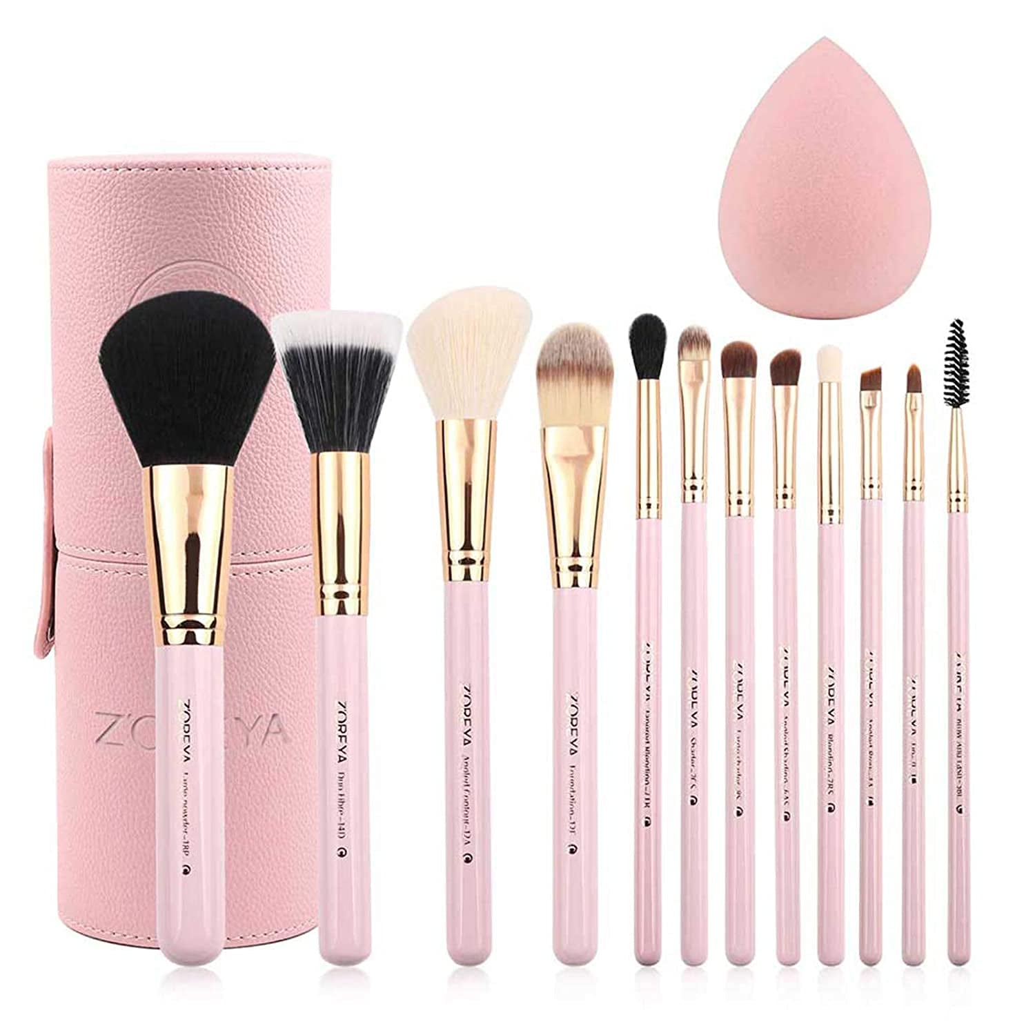 Makeup Brush Set 12Pcs Pink Synthetic Makeup Brushes Travel Set with Holder Makeup Brush Organizer Foundation Powder Contour Blush Eye Cosmetic Brush Sets in Case with Bonus Gift Makeup Sponge